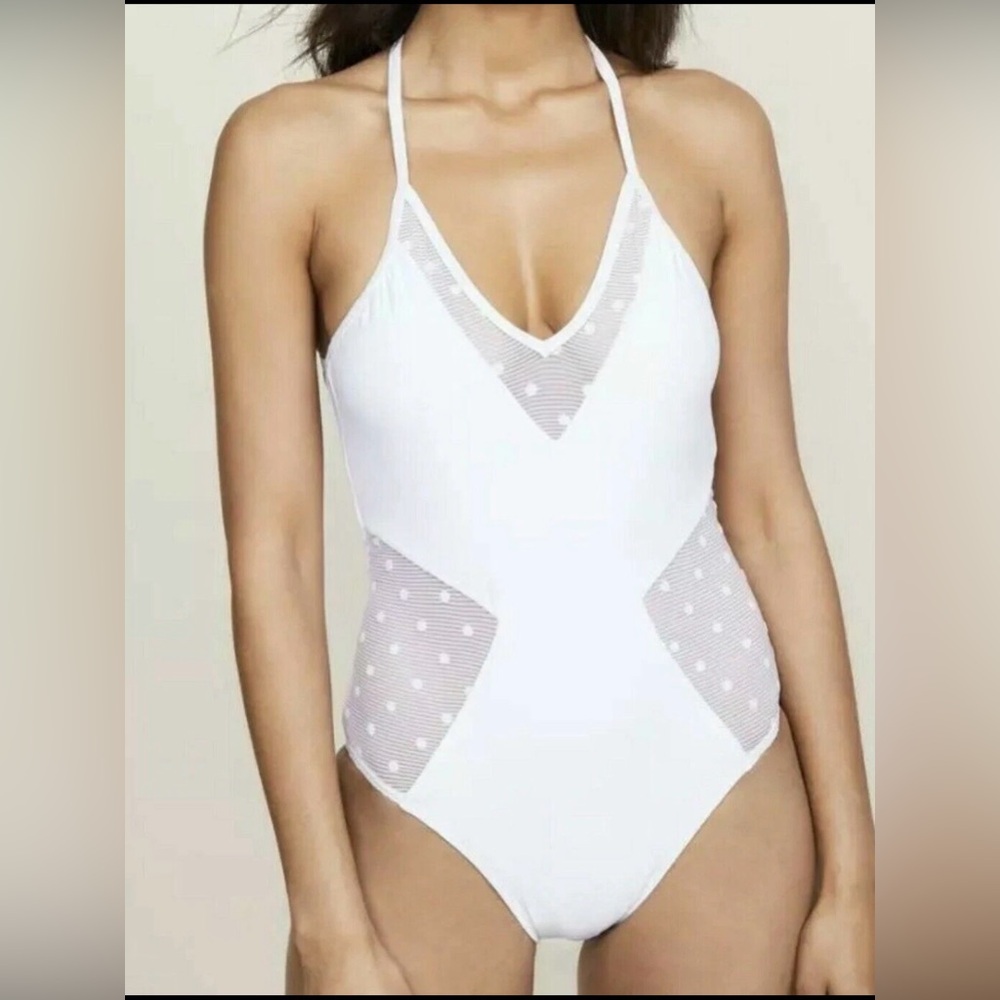 NWT Women’s Ella Moss Solid Sheer Dot One Piece Swimsuit White Size S